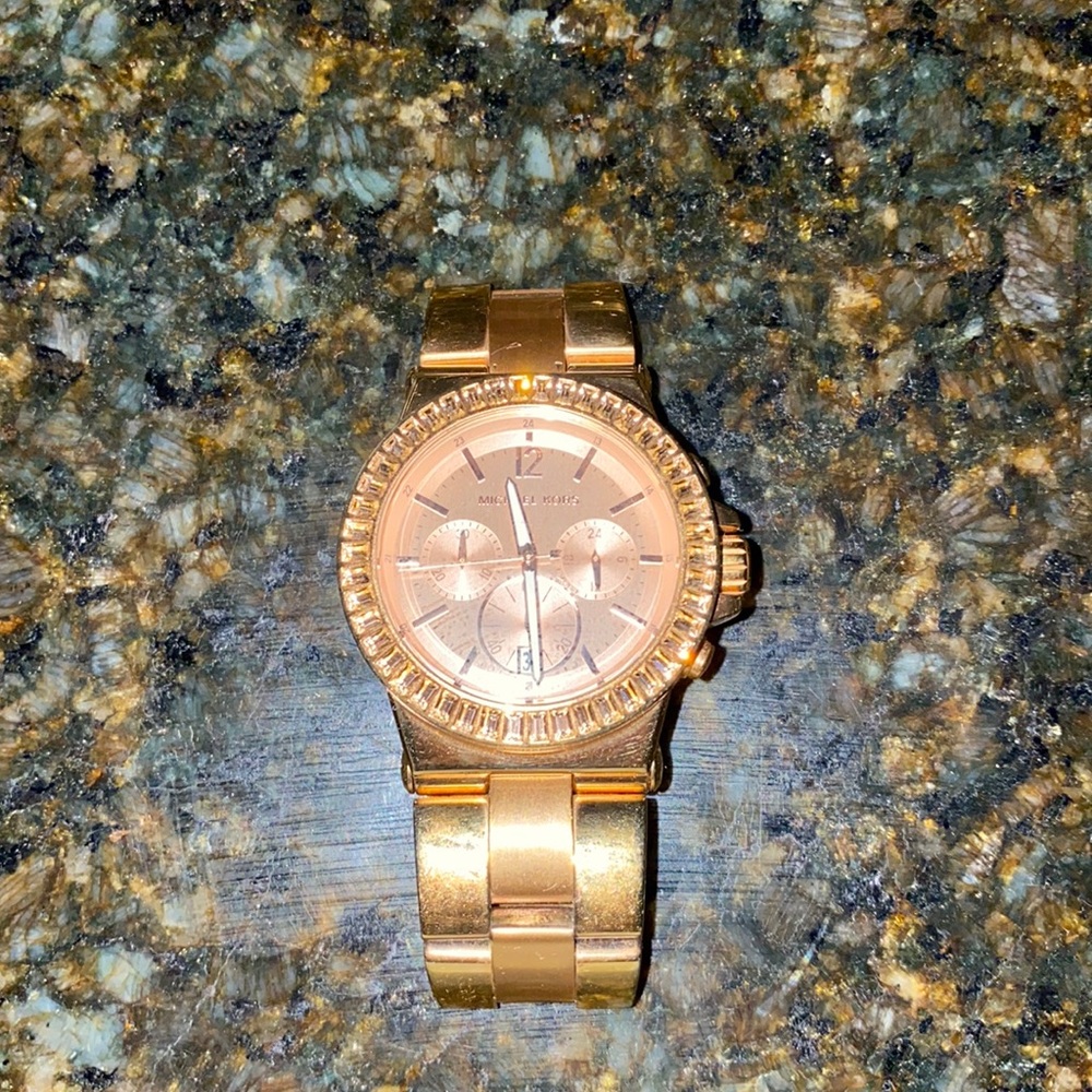 MICHAEL KORS Rose Gold-tone Baguette Bezel Chronograph Ladies Watch 43 mm